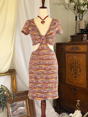 Summer Mini Dress Knit Festival Indie V-Neck Cut Out Multi M Indie Grunge Chic